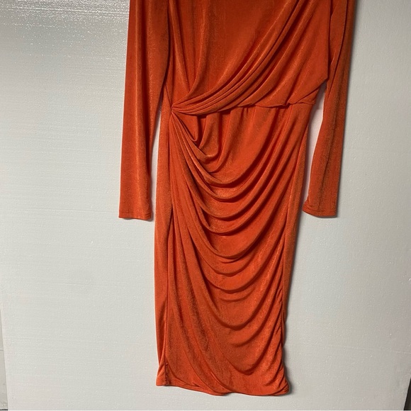 JLUXLABEL KARA MOCK NECK DRESS MIDI 2XL SLINKY STRETCH WAIST GATHERING ORANGE - Picture 4 of 9